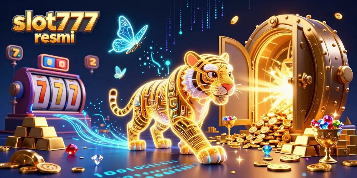Experience the thrill of slot777 resmi with a golden tiger leading the way in an enchanting digital casino landscape.