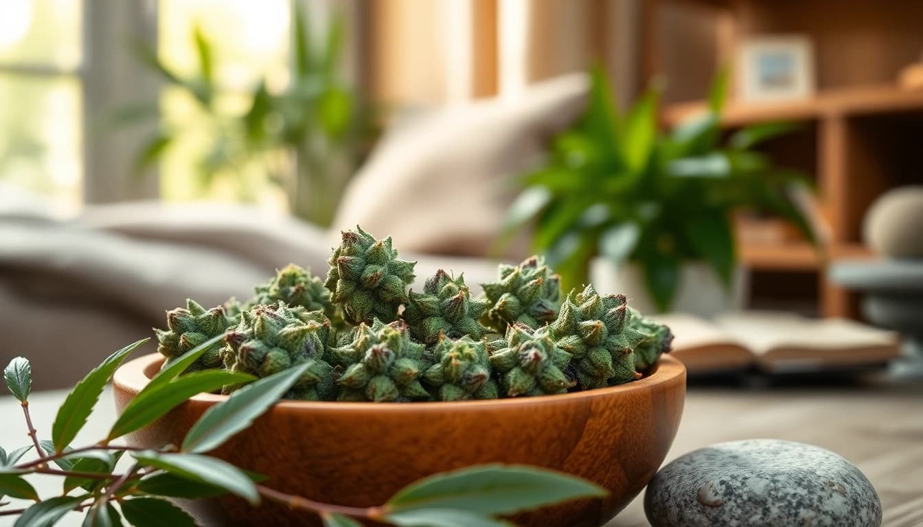 Experience the calming effects of Mental Wellness CBD buds in a tranquil setting.