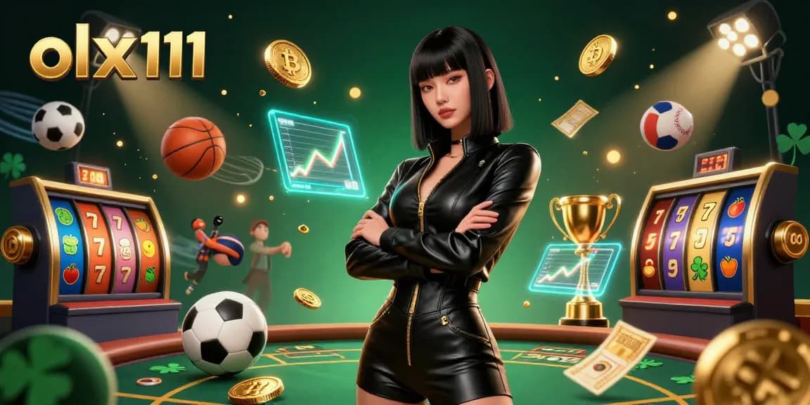 Engage with thrilling casino action featuring olx111 showcased with a stunning Asian woman amidst slot reels and golden coins.