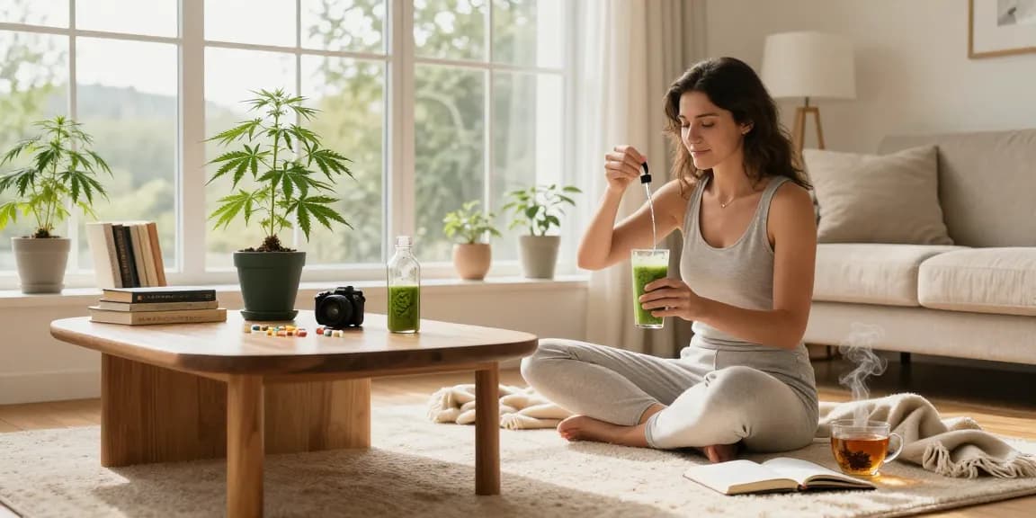 Quality Samen Ministry of Cannabis featured in a cozy wellness scene with CBD oil, fresh hemp plants, and holistic products.