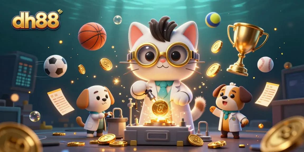 Enhance your betting experience with dh88 featuring a mad scientist cat and golden gambling elements.
