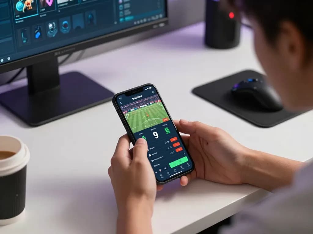 Player analyzing betting strategies on sports for bj886 on mobile app, modern workspace setting