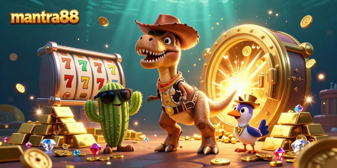 Experience the thrill of winning with mantra88's dynamic slot games featuring T-Rex, cactus, and roadrunner.