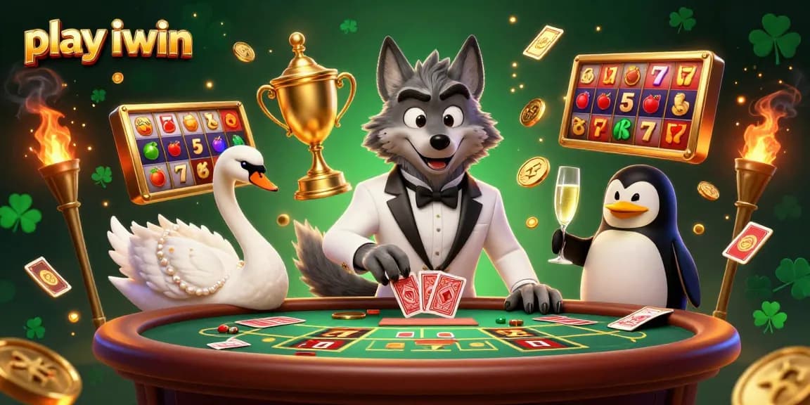 Play iwin with a vibrant casino scene featuring a debonair wolf, elegant swan, and penguin sommelier.