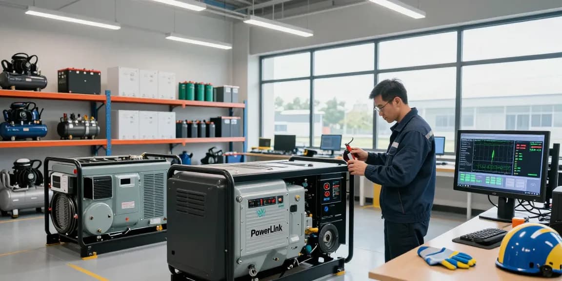 Technician inspecting a PowerLink diesel generator in a modern workshop.