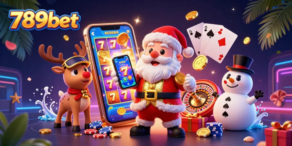 Experience the excitement of 789bet with Santa and friends in a vibrant casino-themed scene.