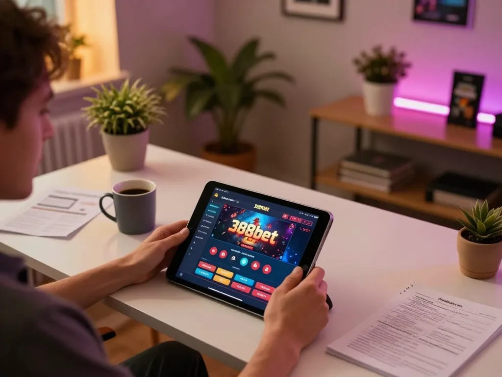 Player enjoying 388bet online casino game on tablet with strategic notes nearby