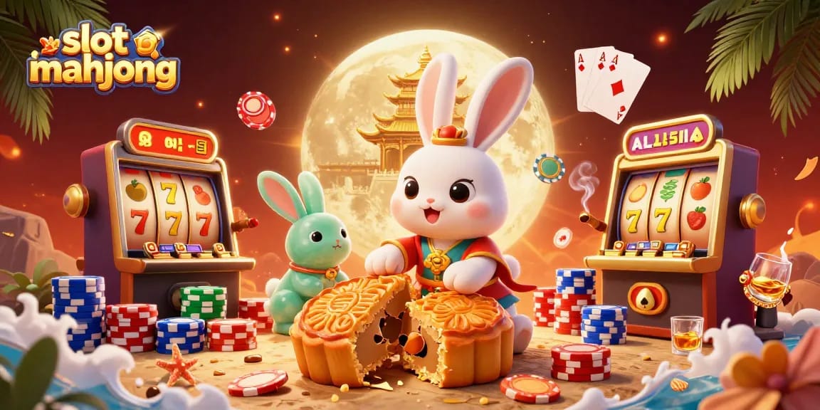 Win big with slot mahjong as a moon rabbit reveals poker chips from mooncakes in a festive casino scene.