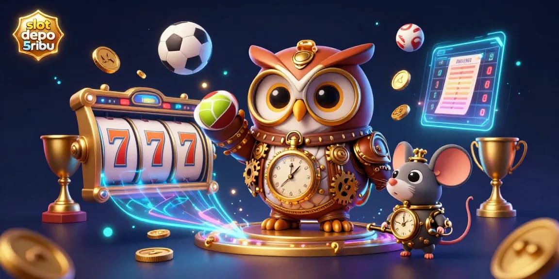 Engage with exciting slot depo 5ribu gaming elements featuring a whimsical owl, dynamic sports balls, and jackpot symbols.