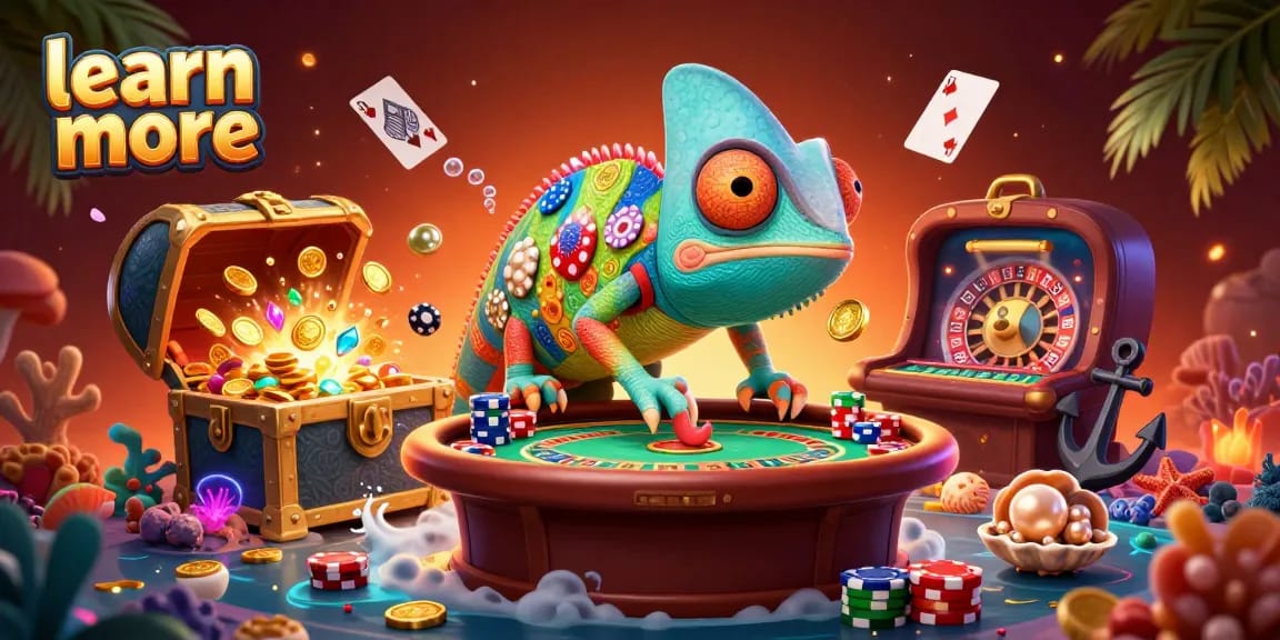 Learn more about exciting casino wins with a vibrant chameleon owner in an energetic 3D scene.