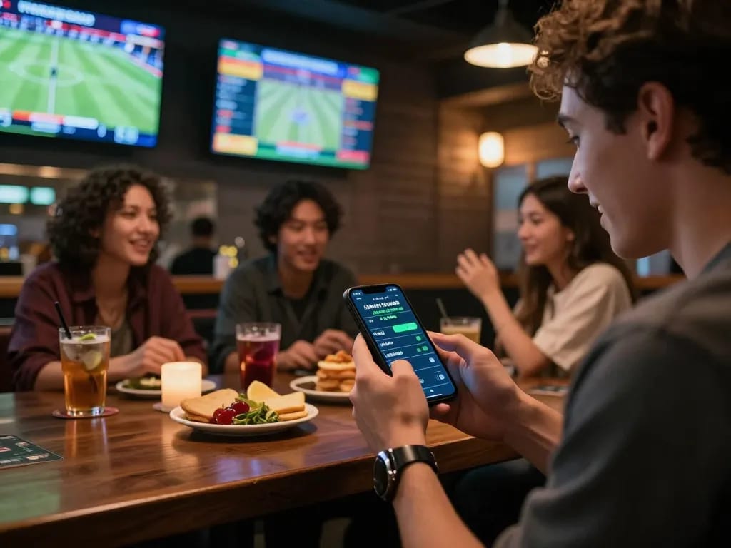 Tỷ lệ kèo nhà cái hôm nay displayed on smartphone in a lively sports bar setting.