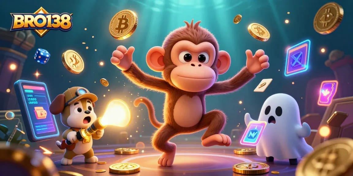 Experience thrilling gaming with BRO138 as a poltergeist monkey juggles golden coins while a puppy watches curiously.