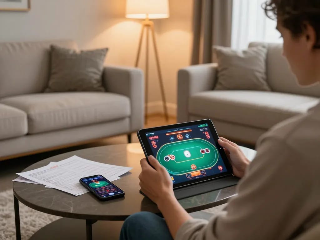 Engaging online poker session on https://7hh.games/ with strategy notes and smartphone in cozy living room.