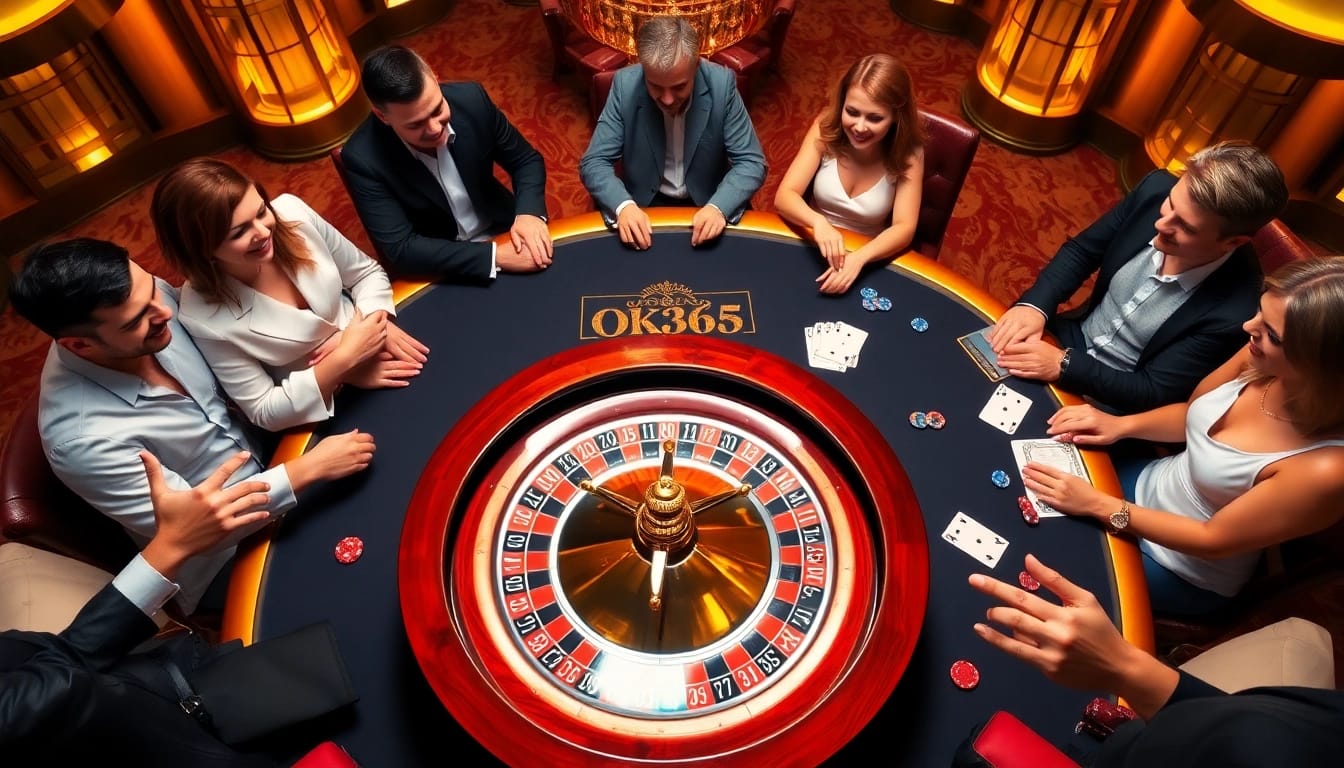 Players enjoying an OK365 gaming experience at a luxurious casino table, filled with action.
