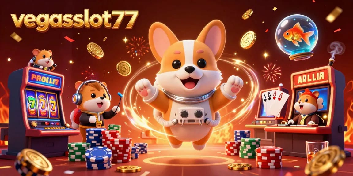 Experience sensational fun at vegasslot77 with a colorful casino scene featuring floating characters and slot games.