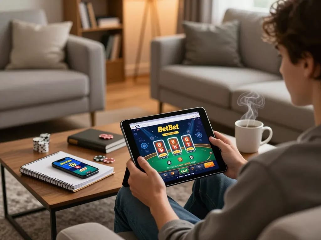Engaging scene of a player using the BetBet app on a tablet for online gaming, with strategic notes visible.