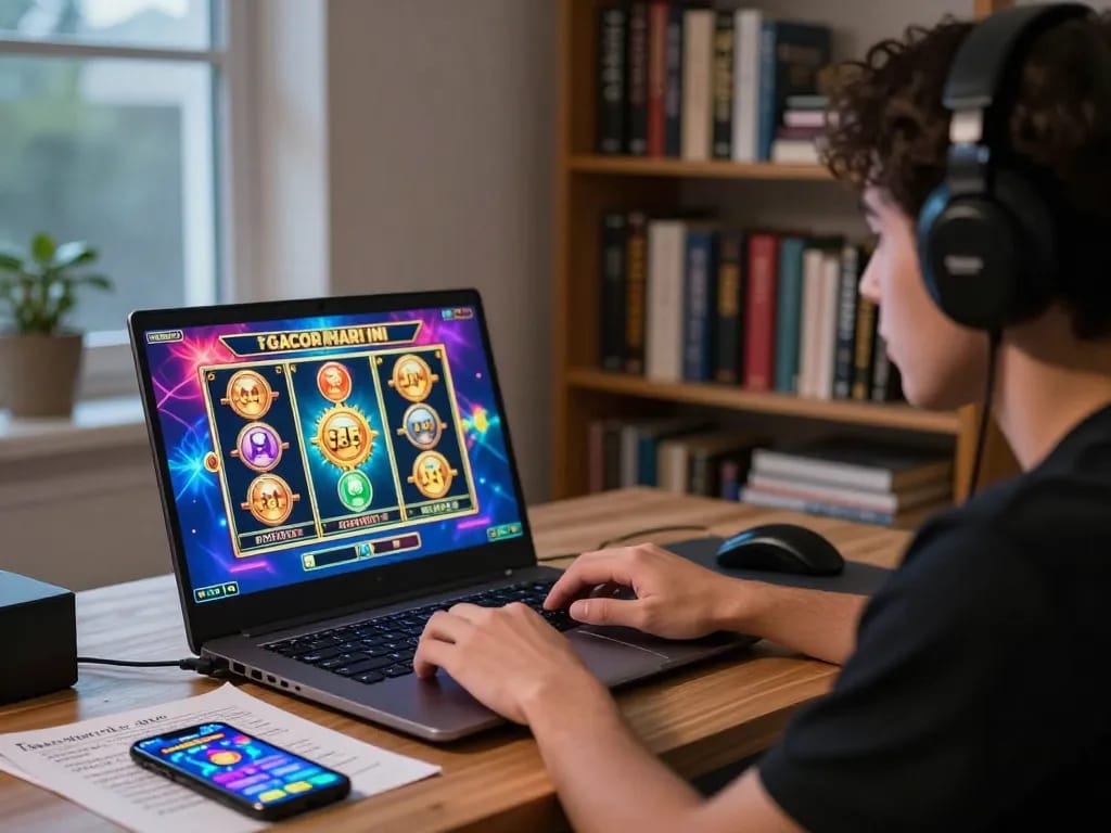 Gamer exploring slot gacor hari ini on a laptop, with strategic notes and a casino app on smartphone.