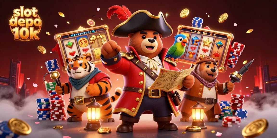 Spin the slot depo 10k for exciting wins with dynamic 3D pirate-themed casino illustration.