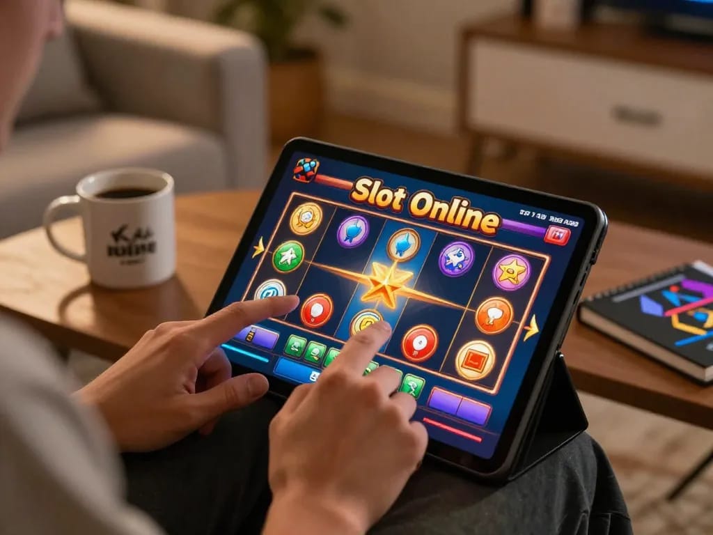 Player tapping tablet during Slot Online game session in cozy living room.