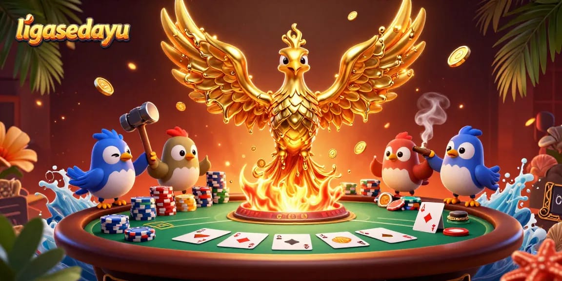 Experience ligasedayu's electrifying gaming scene with a molten phoenix, poker elements, and dynamic visuals.