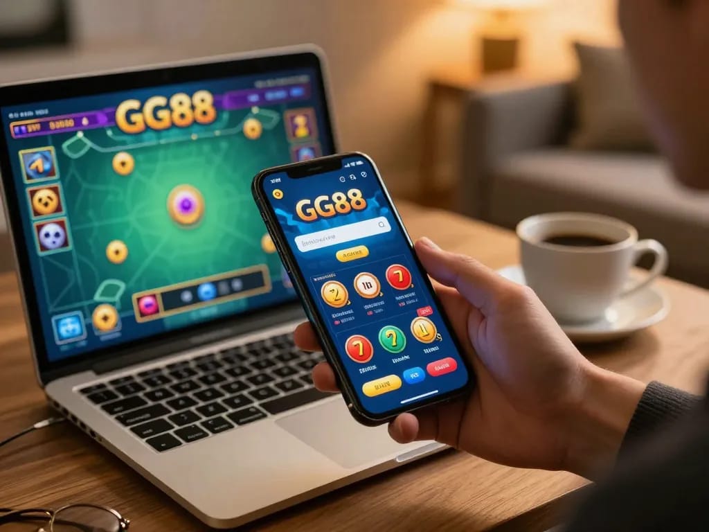 Excited player engaging with the GG88 app on their smartphone for online betting, showcasing vibrant gaming interface and cozy atmosphere.