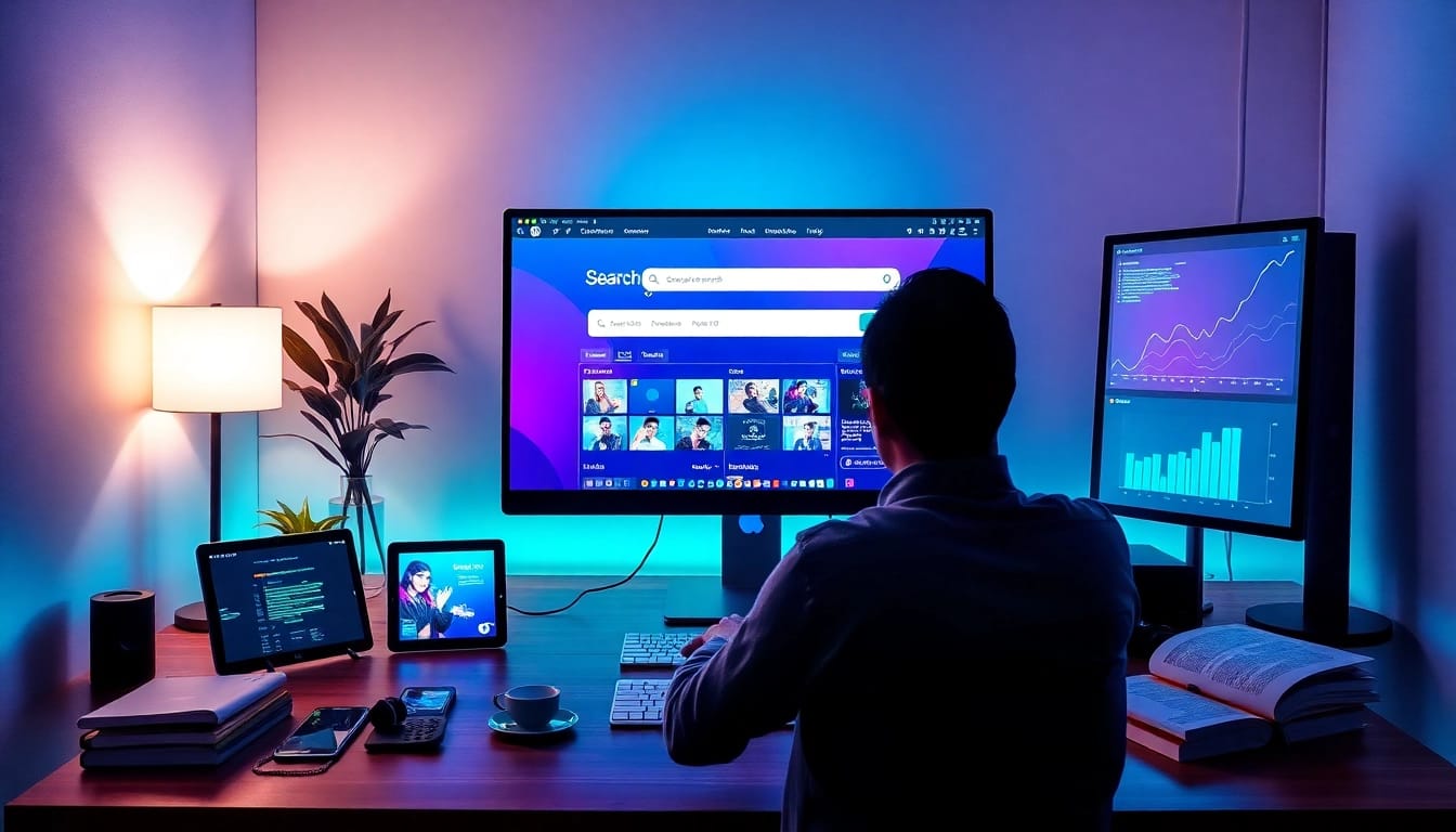 Tools for finding OnlyFans creators illustrated through a modern digital landscape with engaging interfaces and analytics.