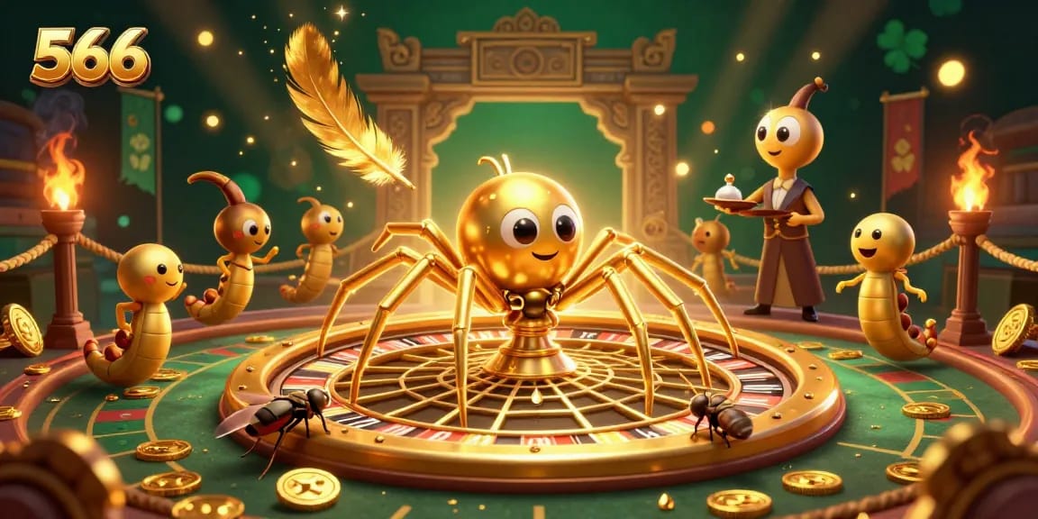 Engagingly experience 566 at the immersive casino with a golden web and vibrant characters.