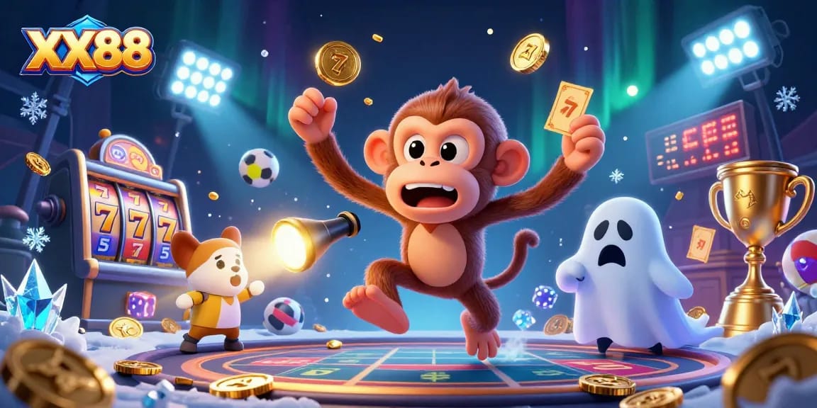 Experience thrilling gaming at XX88 with a poltergeist monkey juggling gold coins and exciting slot elements.