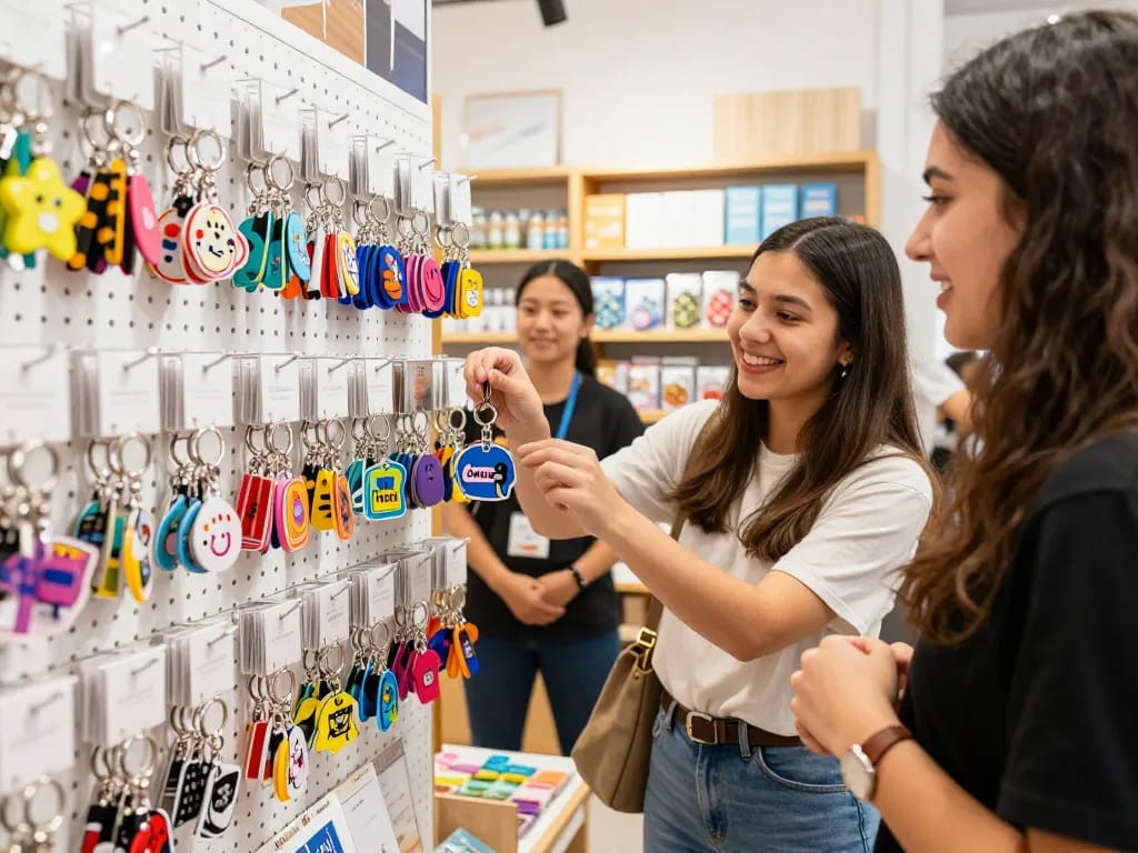 Browse vibrant customized keychains in an engaging retail setting.