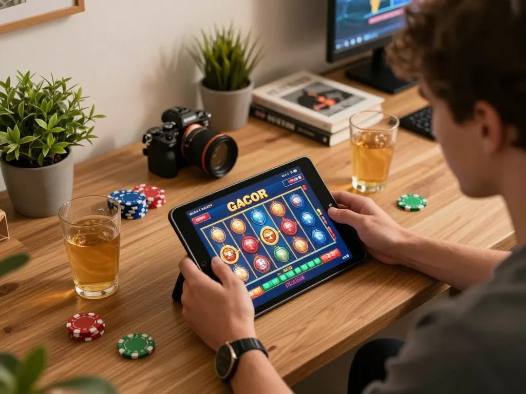 Player engaged with slot gacor game on tablet in a cozy home setting, showcasing responsible gambling.