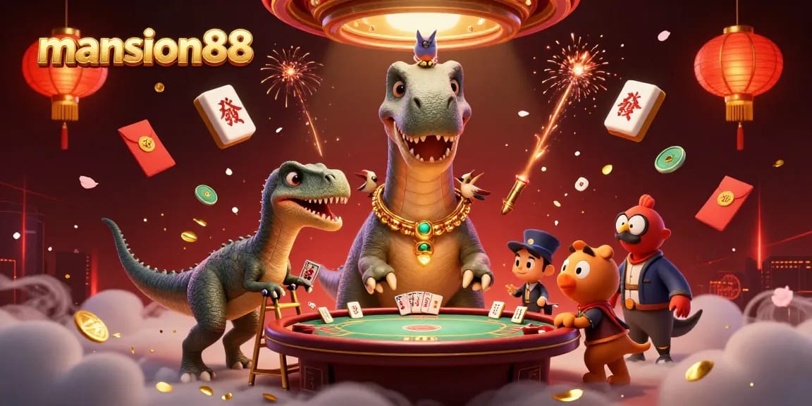 Engage with mansion88's vibrant 3D casino theme featuring a towering brontosaurus and colorful gambling elements.