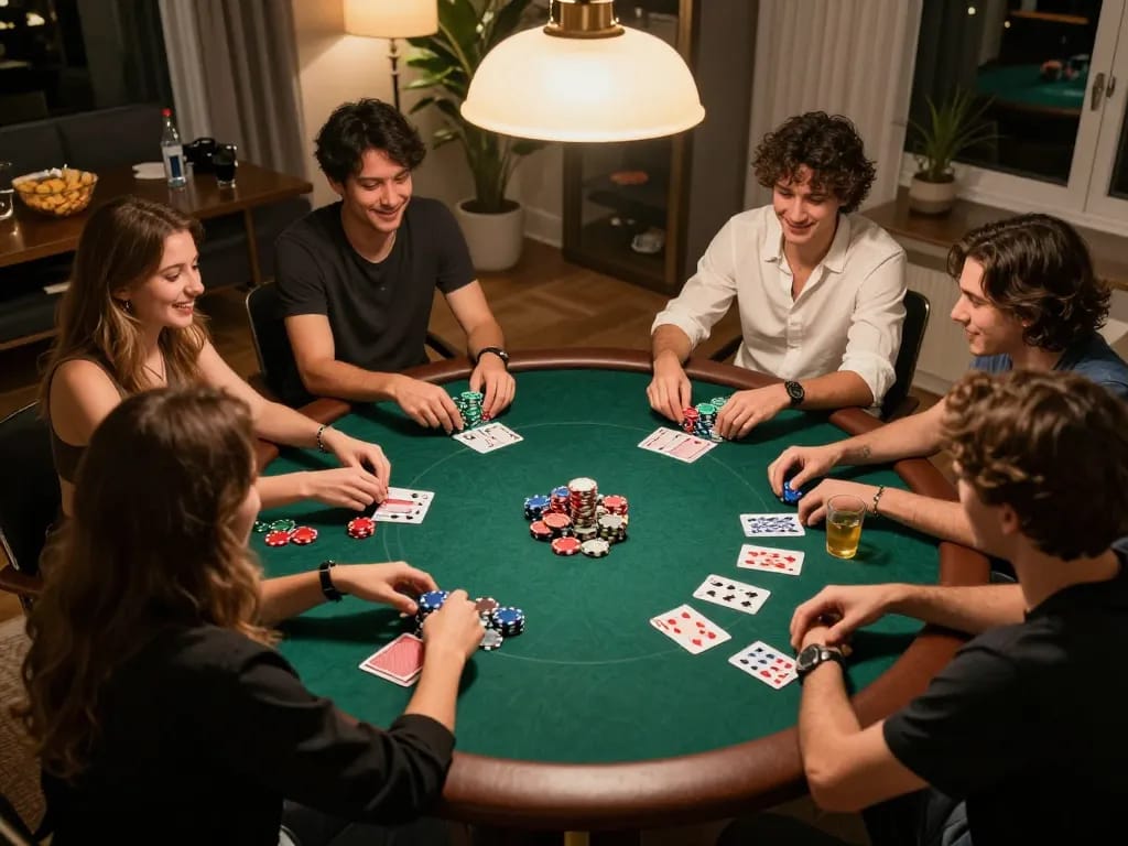 Friends enjoy a thrilling poker night at home, enhancing their 99win gaming experience.