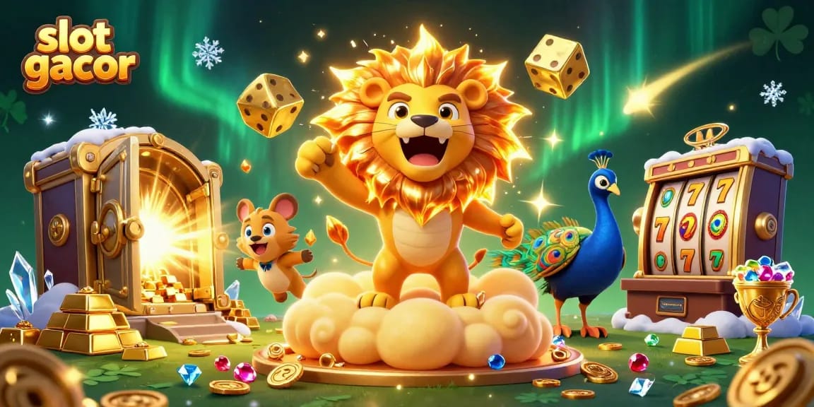 Engage with slot gacor action in a vibrant casino scene featuring winning symbols and treasures.
