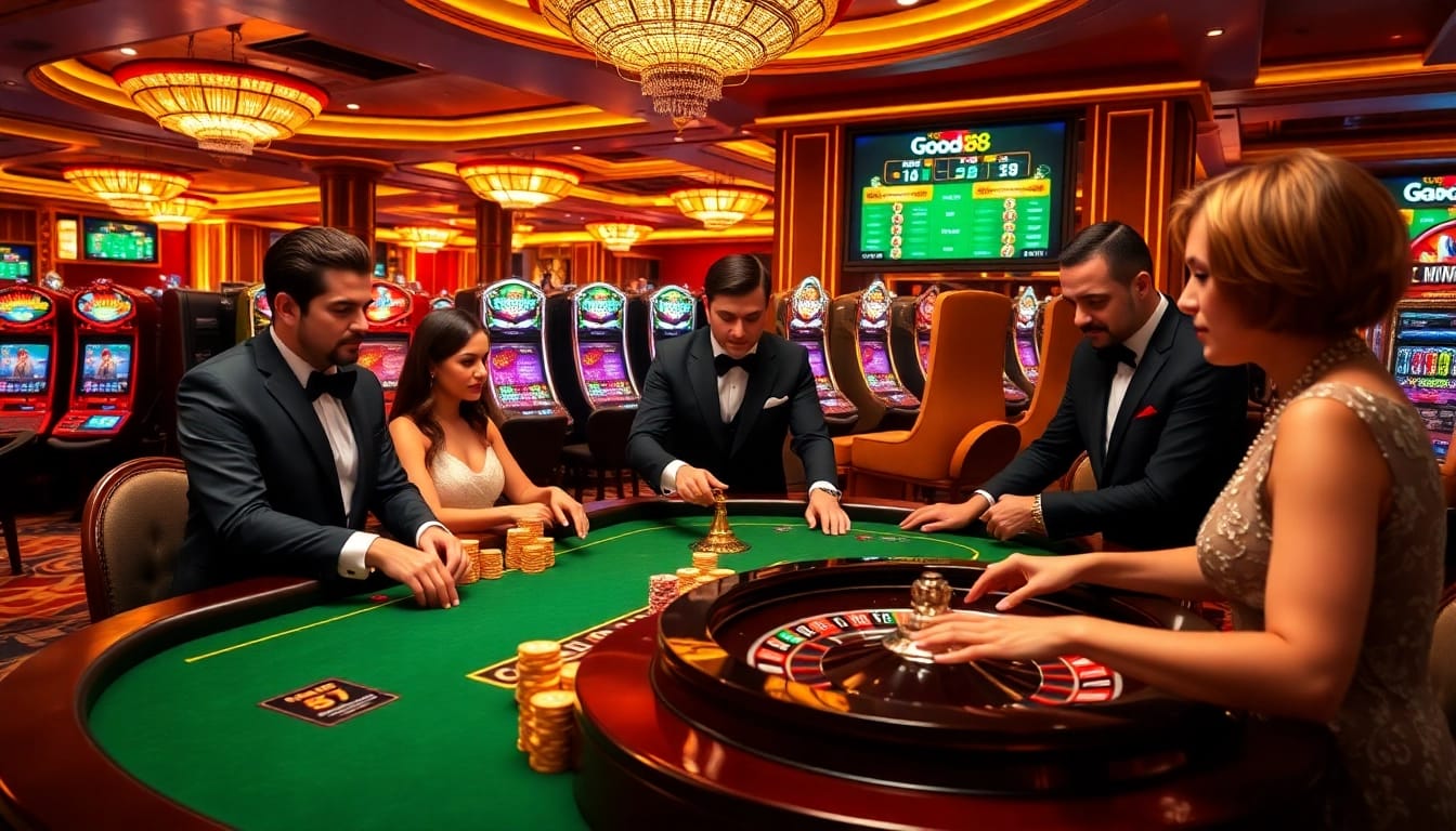 Players enjoying a game at GOOD88 casino table, showcasing excitement and luxury in a thrilling environment.