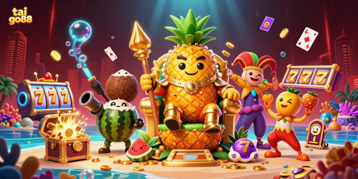 Tai go88 highlights vibrant beach casino action featuring a pineapple king, dynamic gameplay elements, and vibrant colors.