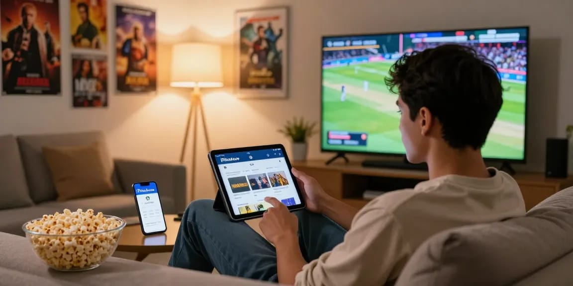 Pikashow app on a tablet in a cozy living room during a movie night.