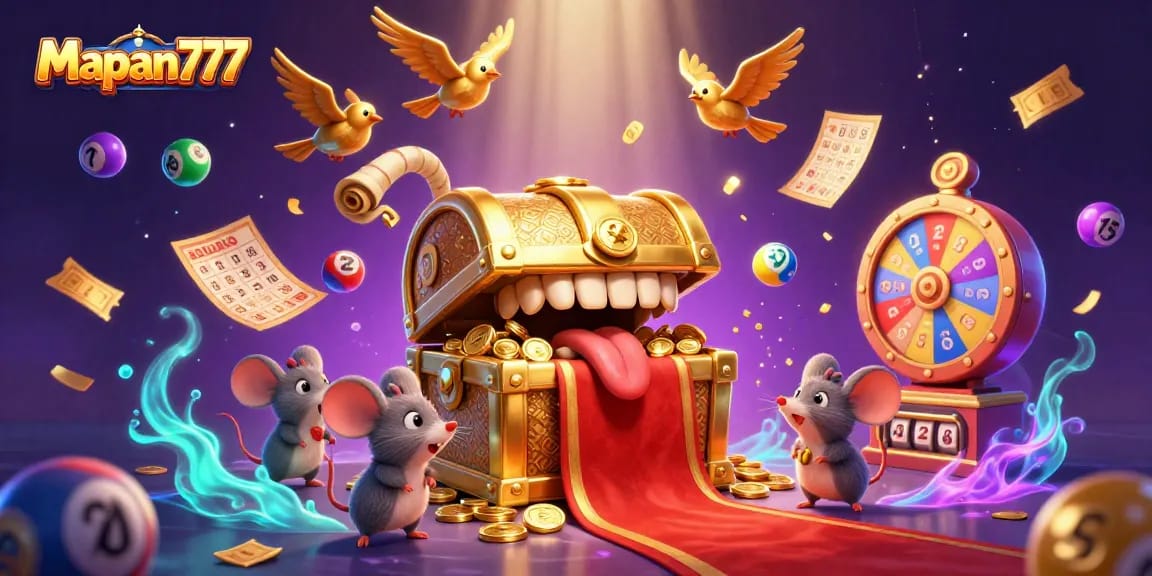 Engage with Mapan777's vibrant lottery gaming illustration featuring adventure and excitement.