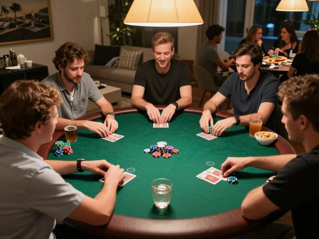 Players strategizing in an engaging home poker game showcasing 77WIN gameplay in a vibrant social atmosphere