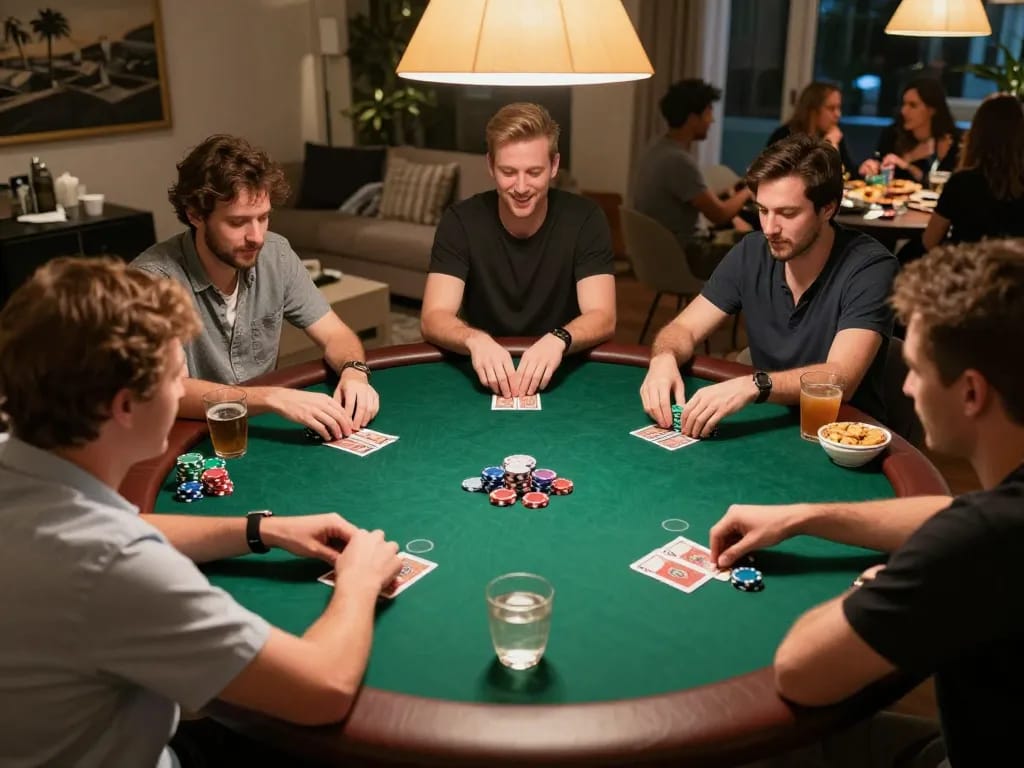 Players strategizing in an engaging home poker game showcasing 77WIN gameplay in a vibrant social atmosphere