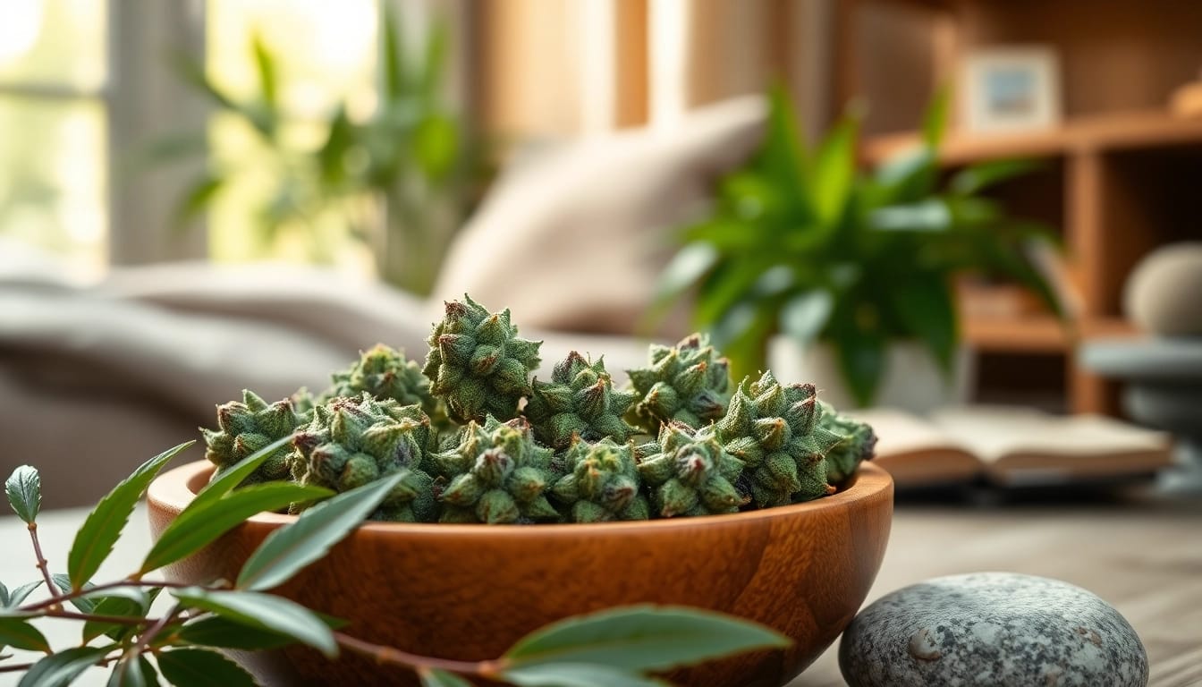Experience the calming effects of Mental Wellness CBD buds in a tranquil setting.