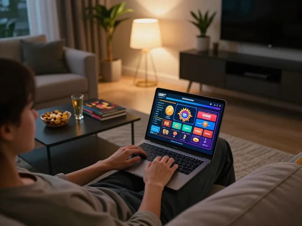 Playing games on USBET site from a cozy home setup, showcasing strategic online gambling.