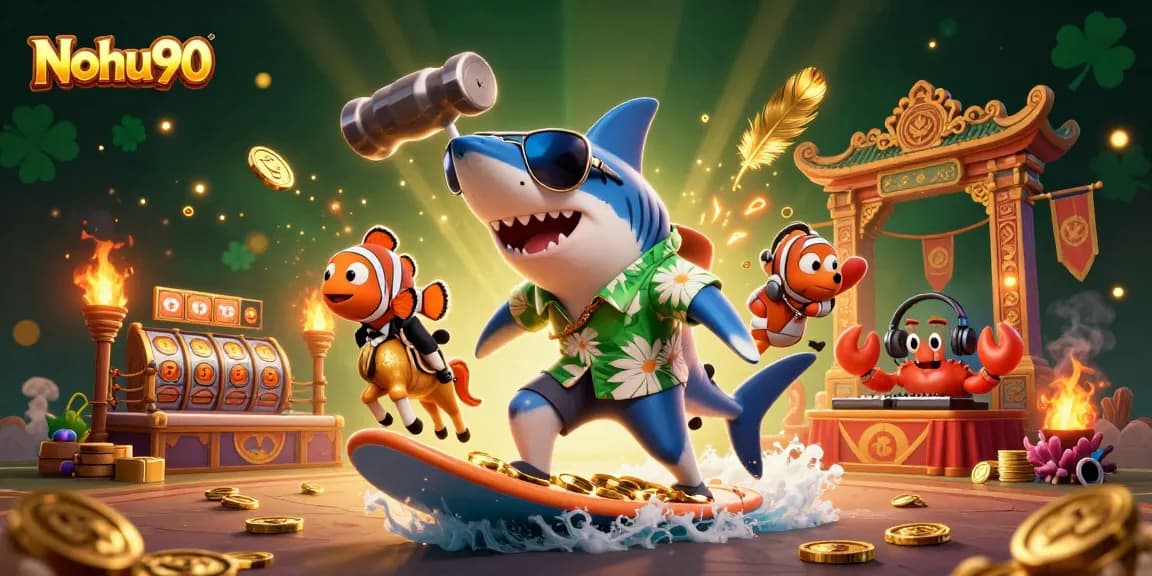 Nohu90's vibrant scene shows a shark surfing gold coins, enhancing jackpot excitement in gaming.
