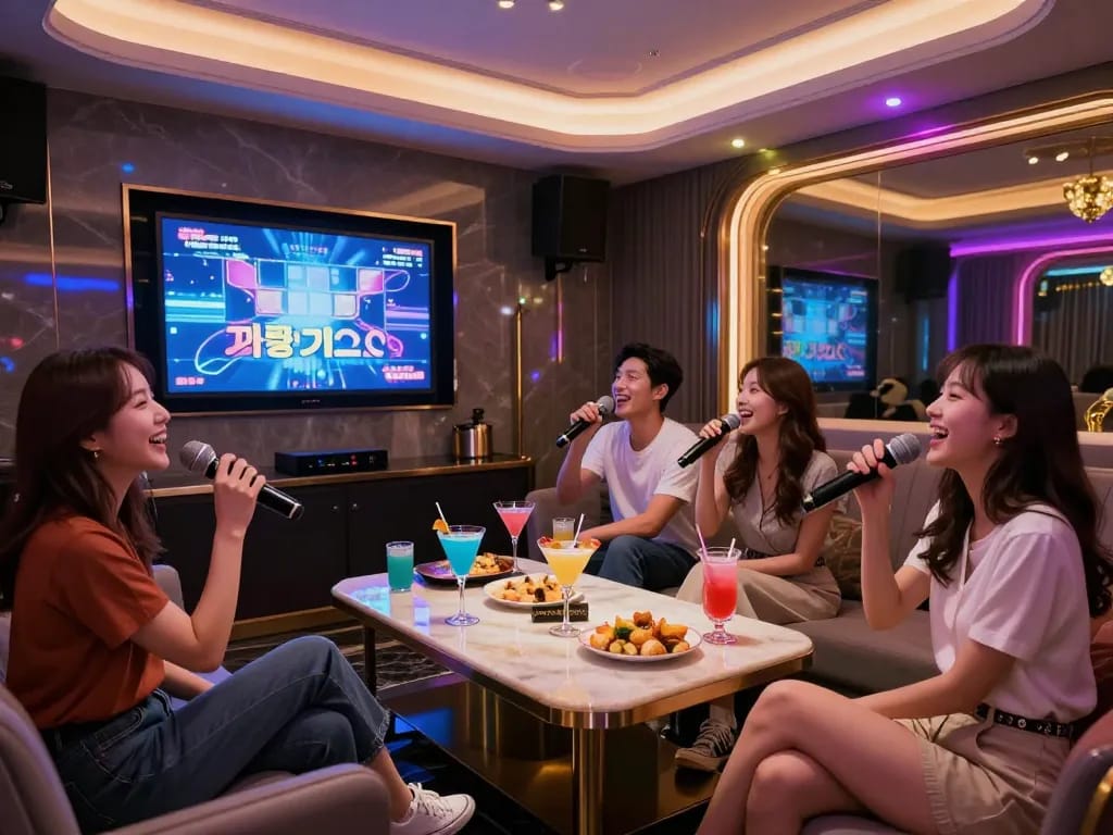 Experience the lively atmosphere of 강남가라오케 with friends in a glamorous private karaoke room.
