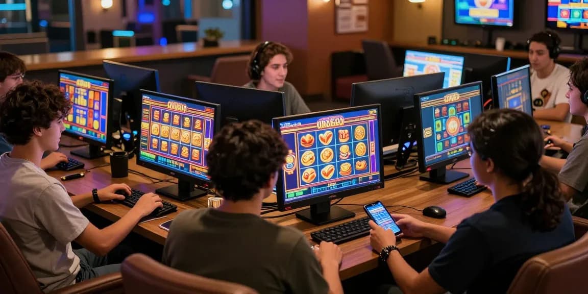 Exciting gaming community engaging in slot deposit 5k games with diverse players in a cozy lounge.