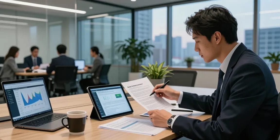 Professional consultant analyzing asset tracing documents in a modern office.