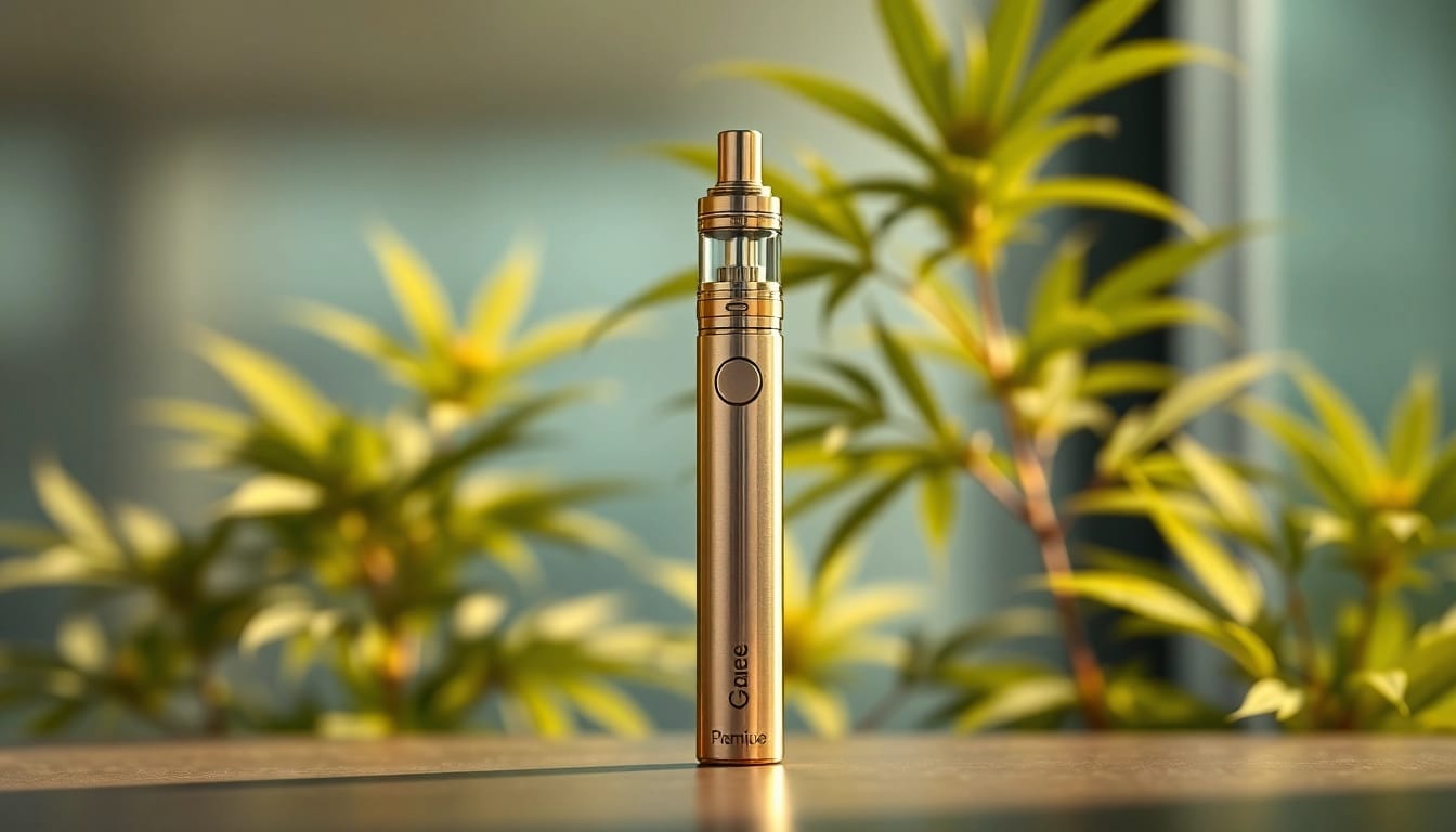 A premium cannabis vape pen elegantly showcased against a blurred background of cannabis leaves.