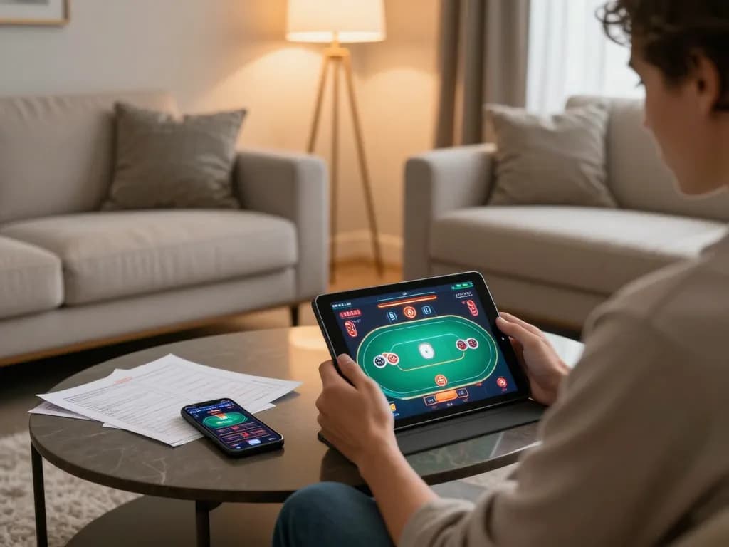 Engaging online poker session on https://7hh.games/ with strategy notes and smartphone in cozy living room.