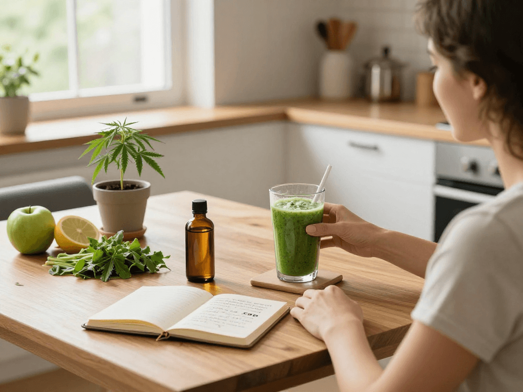 Jungle Boys CBD oil bottle amidst a wellness scene with smoothie, fruits, hemp plant, and natural light.