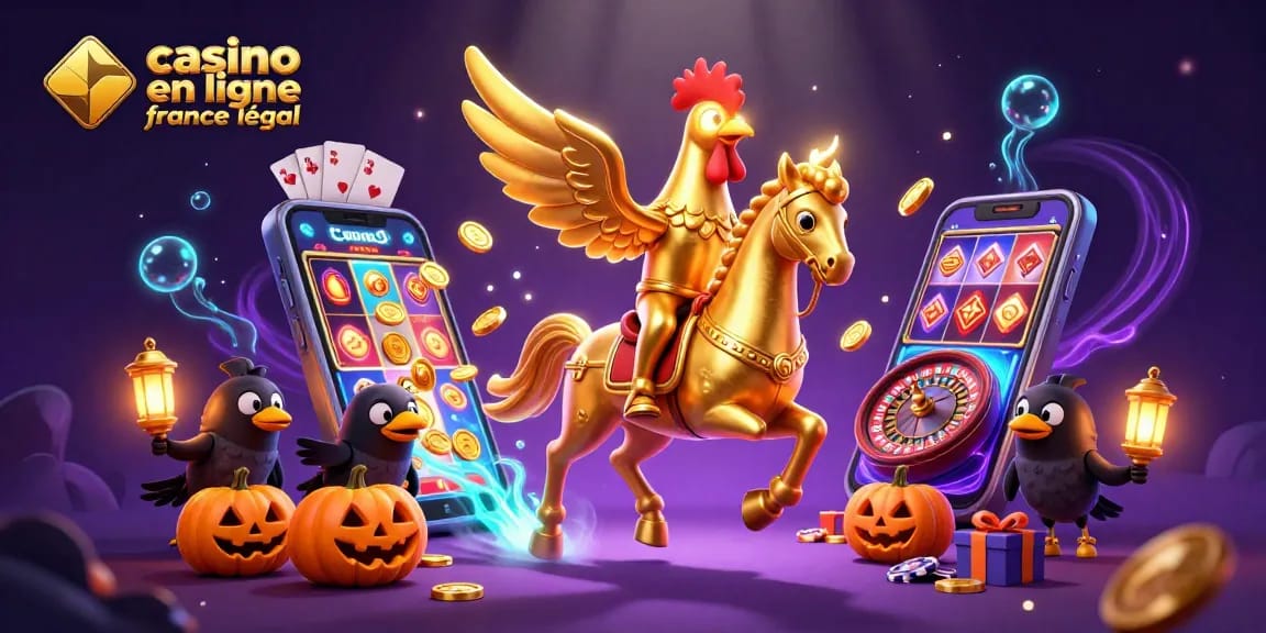 Illustration dynamique représentant un coq doré et un casino, promouvant les jeux de casino en ligne légal en France.