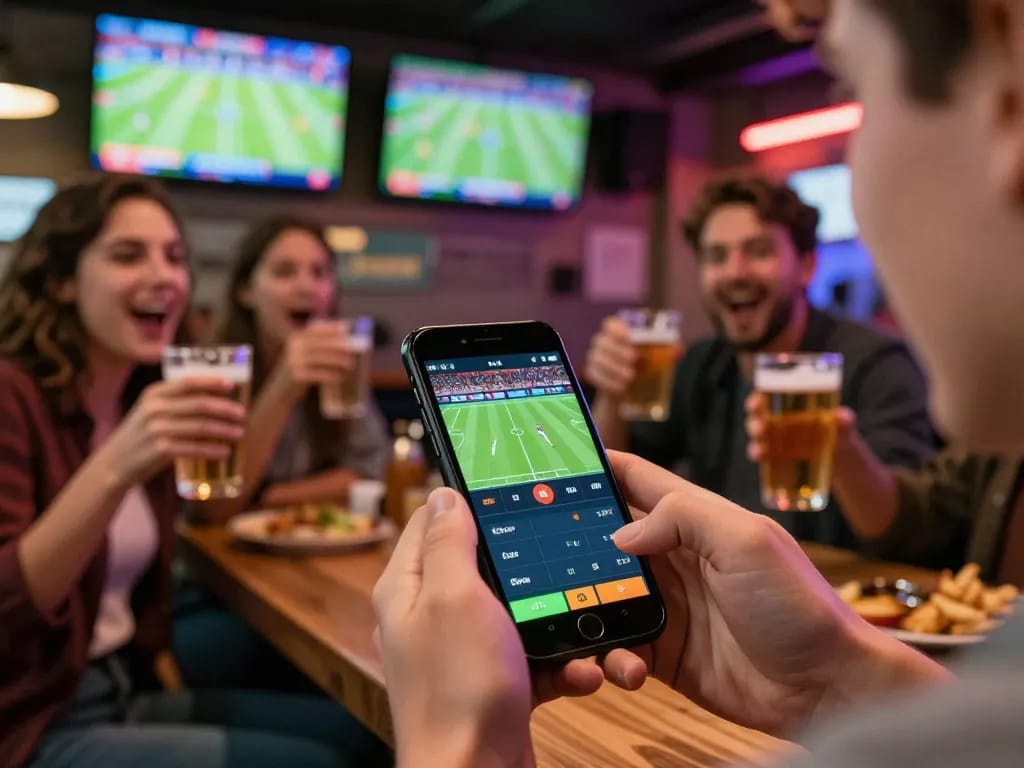Placing live bets on sports events through the https://rr88.auction/ betting app at a lively sports bar.